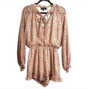 Lulu’s Floral Romper Tie Neck Ruffle Trim Cinched Elastic Waist Women Size S